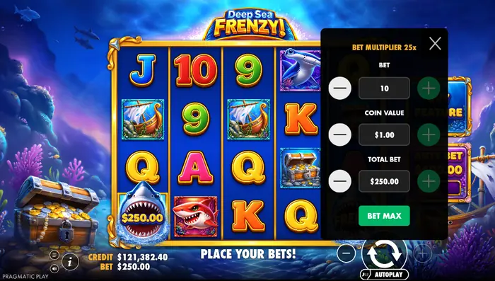 Экран выбора ставки в слоте Deep Sea Frenzy.