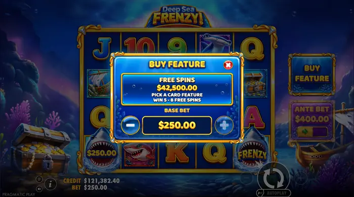 Экран с кнопками покупки бонуса и Ante Bet в слоте Deep Sea Frenzy.