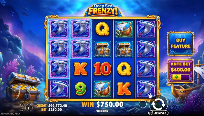 Игровое поле слота Deep Sea Frenzy с отображением выигрышей на экране.
