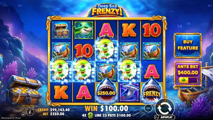 Игровой интерфейс слота Deep Sea Frenzy с кнопками и барабанами.