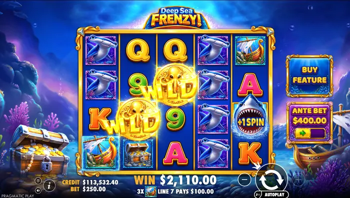 Пример Wild-осьминога на барабанах слота Deep Sea Frenzy.